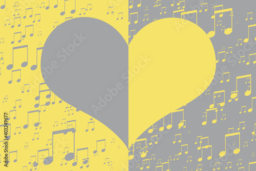 Symbol of a heart and musical notes on a gray and yellow background. The concept of love for music