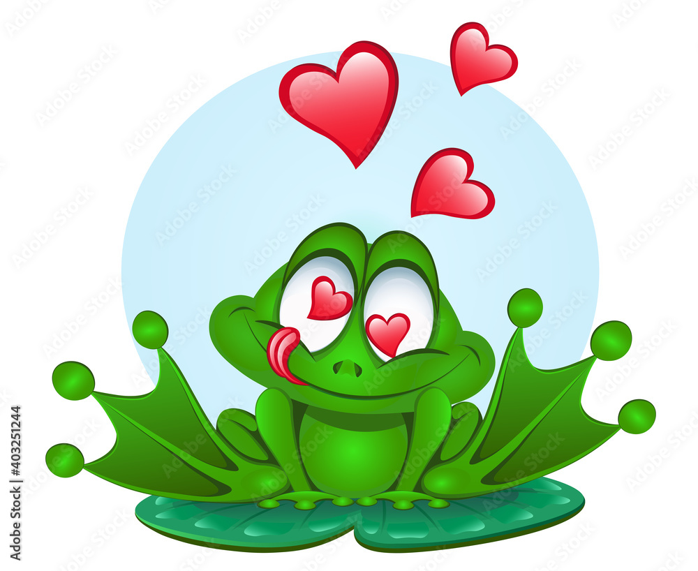 Cute cartoon frog in love sitting on a water lily leaf Stock Vector