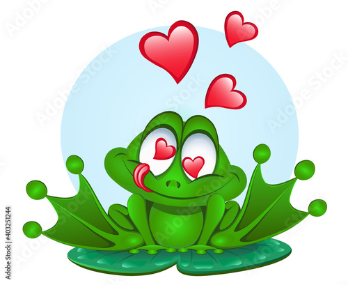 Cute cartoon frog in love  sitting on a water lily leaf
