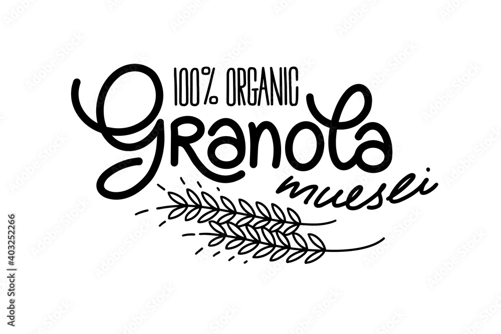 Granola vector logo. Organic muesli. illustration healthy concept logotype. Lettering, spikelets with grains. Black and white logo for brand, packages