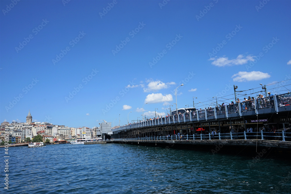 Fisherman at Galata Bridge and Istanbul city - Landscape from old town in Istanbul, Turkey	