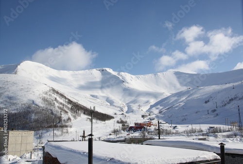 Khibiny mountains on a bright sunny winter day. Kirovsk, Russia