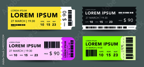 Design tickets in the flat style. Vector set icon  for cinema, concert, coupon, movie, festival. Bright concept in yellow, pink, red, green color.