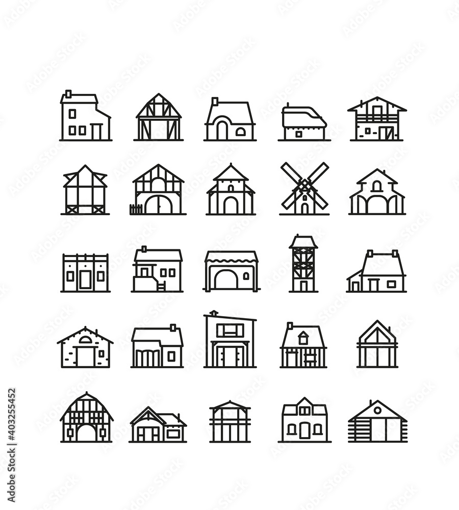 collection de symboles de maison, maison de vacances, gîte, atelier, maison typique, région, France, architecture
