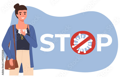 Female character is taking off a mask. Dark-haired woman in a jacket is posing. Young girl in medical mask in hands on the background of coronavirus stop sign, quarantine period vector illustration