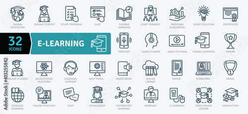 Electronic learning icons Pack. Thin line icons set. Distance learning collection set. Simple vector icons