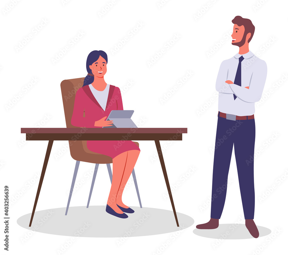 Business meeting, communication. Businessman chief standing at a table with crossed hands listening to employee woman holding tablet. Girl manager talking to boss about conclusion of new contract