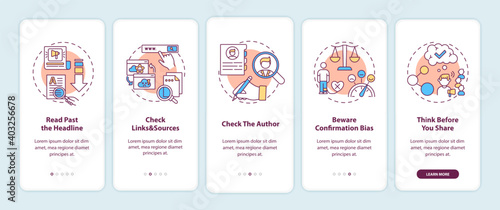 Fake news checking tips onboarding mobile app page screen with concepts. Checking author and sources walkthrough 5 steps graphic instructions. UI vector template with RGB color illustrations
