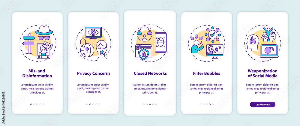 Social media and journalism challenge onboarding mobile app page screen with concepts. Disinformation, privacy walkthrough 5 steps graphic instructions. UI vector template with RGB color illustrations