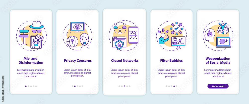 Social media and journalism challenge onboarding mobile app page screen with concepts. Disinformation, privacy walkthrough 5 steps graphic instructions. UI vector template with RGB color illustrations Social media and journalism challenge onboarding mobile app page screen with concepts. Disinformation, privacy walkthrough 5 steps graphic instructions. UI vector template with RGB color illustrations