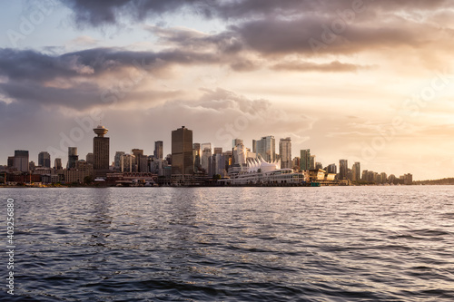 Commercial buildings and Cityscape Skyline of Downtown Vancouver Viewed from water. Modern Architecture in Urban City on West Coast of British Columbia, Canada. Sunset Sky Art Render