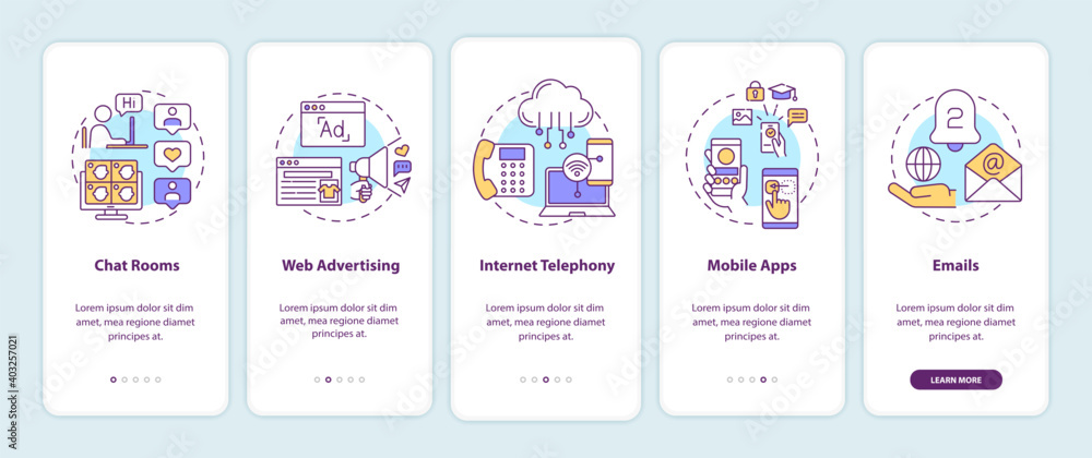 New media examples onboarding mobile app page screen with concepts. Chat  rooms, internet telephony walkthrough 5 steps graphic instructions. UI  vector template with RGB color illustrations vector de Stock | Adobe Stock
