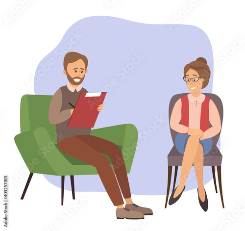 Patients at a reception at the psychotherapies. Woman talking to psychotherapist or psychologist and answer questions. A man sits in a chair and listens to the client s problems. Family psychotherapy