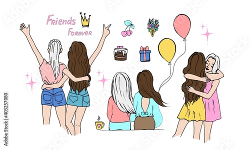 Female friendship concept, set of girls friends in different poses, doodle style.