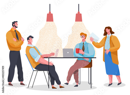 Businessmen dressed in formal clothes are sitting at the table with laptops and talking. Office workers discussing matters. Business meeting and consideration of working issues. Friendly team work