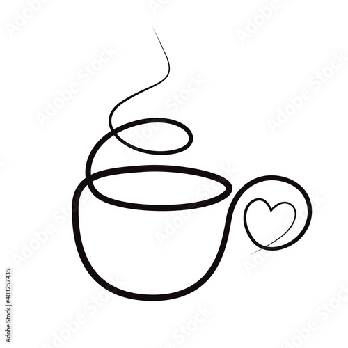Elegant hand drawn Cup of coffee with heart. Line art vector illustration.