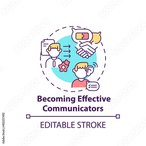Becoming effective communicators concept icon. Media literacy elements idea thin line illustration. Speaking clearly and listening actively. Vector isolated outline RGB color drawing. Editable stroke