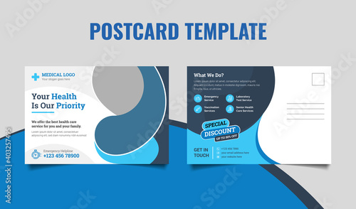 Medical health care postcard template design. Dental care, clinical postcard template.