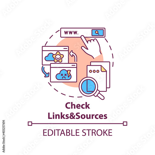 Checking links and sources concept icon. Fake news checking idea thin line illustration. Low-credibility sources. Independent fact-checking. Vector isolated outline RGB color drawing. Editable stroke