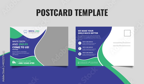 Dental care postcard template design. Medical, hospital, dentist, clinical postcard template. 