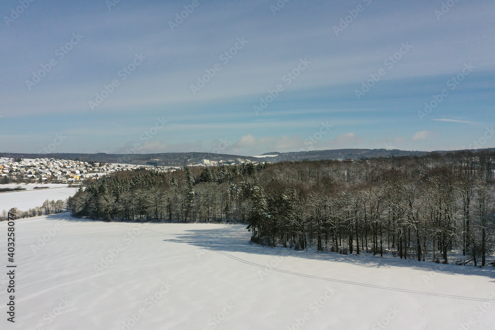 Bird's eye view of the snow-covered landscape in the Taunus / Germany