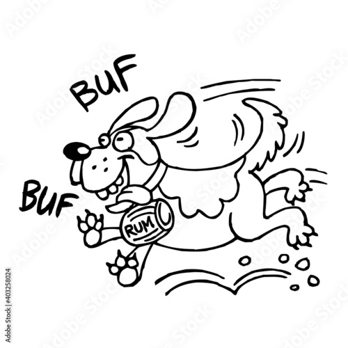 St. Bernard dog running with a barrel of rum on his neck, lifeguard, mountain service, black and white cartoon