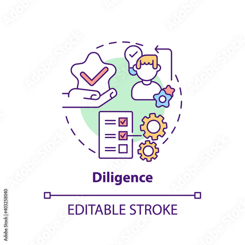 Diligence concept icon. Journalistic ethics standards idea thin line illustration. Gathering and presenting pertinent facts. Vector isolated outline RGB color drawing. Editable stroke
