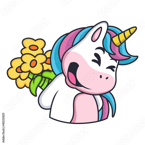 Expression of a Unicorn Carrying Flowers. Vector Icon Illustration. Animal Love Icon Concept Isolated Premium Vector.