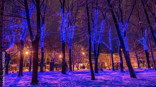 An alley in the city park decorated with festive garlands. Christmas background.