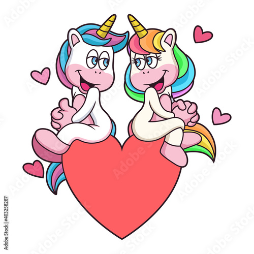 Cute Couple Unicorn Cartoon Vector Icon Illustration. Animal Love Icon Concept Isolated Premium Vector.