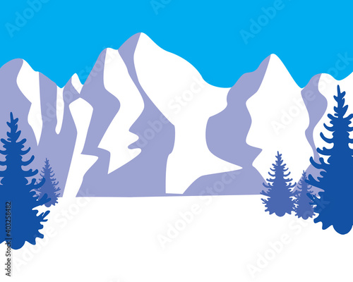 High snowy hills, mountain resort, flat vector stock illustration with winter landscape, nature with trees in December, January