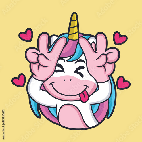 Cute Expression Unicorn with Funny Face. Cartoon Vector Icon Illustration. Animal Love Icon Concept Isolated Premium Vector.