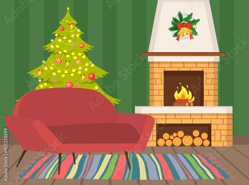 Traditional christmas room interior. Christmas tree with holiday decoration and fairy lights near big fireplace with chimney. Festive family evening, magical christmas, winter holiday with gifts