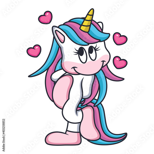 Unicorn Shy Expression with Love. Cartoon Vector Icon Illustration. Animal Love Icon Concept Isolated Premium Vector.