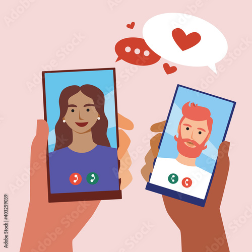 Couple with phones in hand, concept of internet dating, online dating, flat vector stock illustration with man, woman in love