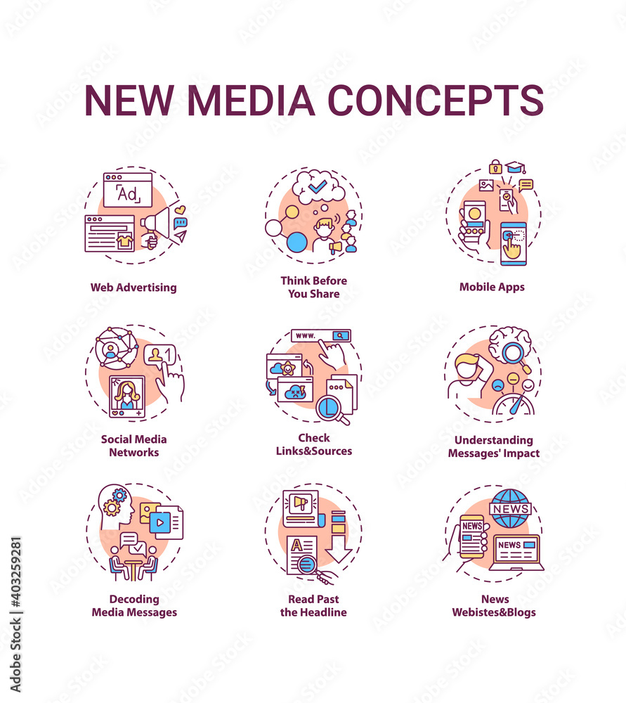 New media concept icons set. Media literacy idea thin line RGB color illustrations. Web advertising. Mobile apps. Thinking before sharing. Vector isolated outline drawings. Editable stroke New media concept icons set. Media literacy idea thin line RGB color illustrations. Web advertising. Mobile apps. Thinking before sharing. Vector isolated outline drawings. Editable stroke