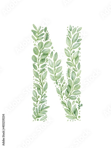 Letter N made from green leaves. Floral letter N. Green leaves lettering. Negative space lettering. Floral lettering isolated on white background.