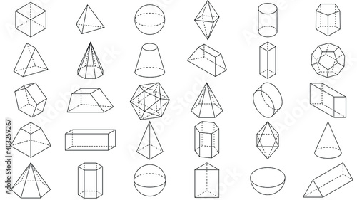 Set of basic stereometrics shapes line cuboid octahedron pyramid prism cube cone cylinder torus. Geometric, isometric shapes icon. Outline vector illustration