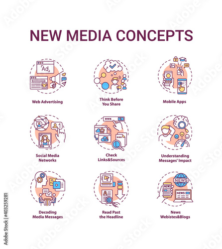 New media concept icons set. Media literacy idea thin line RGB color illustrations. Web advertising. Mobile apps. Thinking before sharing. Vector isolated outline drawings. Editable stroke