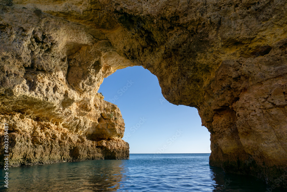 view of the inside of a sea c ave on the Algarve coast of Portugal