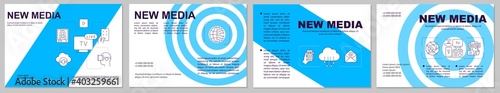 New media blue brochure template. Internet technology. Online content. Flyer, booklet, leaflet print, cover design with linear icons. Vector layouts for magazines, annual reports, advertising posters