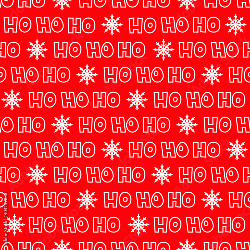 Seamless pattern of snowflakes and Ho ho ho, Santa Claus laugh. Vector illustration on a red background.