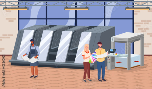 Printing house different equipment. Printer plotter, offset cutting machines and people workers. Industrial polygraphy isometric vector icons with man and woman picks a hue on the color palette