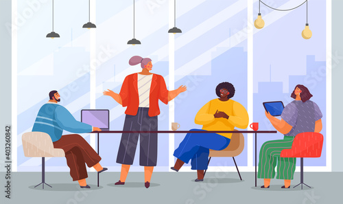 Business meeting, working process. Woman manager talking to boss about conclusion of a new contract. Businessman chief sitting at a big table in office room typing on the laptop, brainstorm team