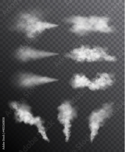 Set of various smoke, spray and mist transparent effects on dark background
