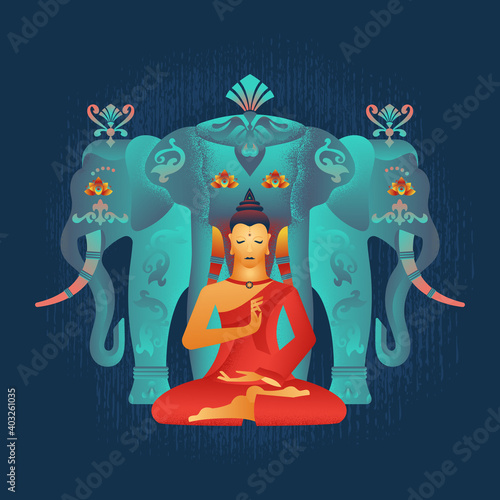 Meditating Buddha, with a medallion in the form of a wheel of samsara, hands show the Mudra Vitarka gesture, against the background of the elephant Erawan. Vector illustration. photo