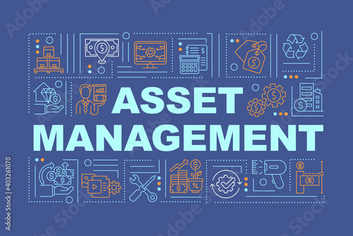 Asset management word concepts banner. Business finance. Economy plan. Infographics with linear icons on dark blue background. Isolated typography. Vector outline RGB color illustration