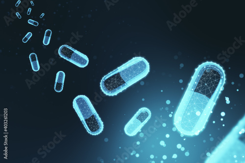 Abstract polygonal pills and capsule hologram.