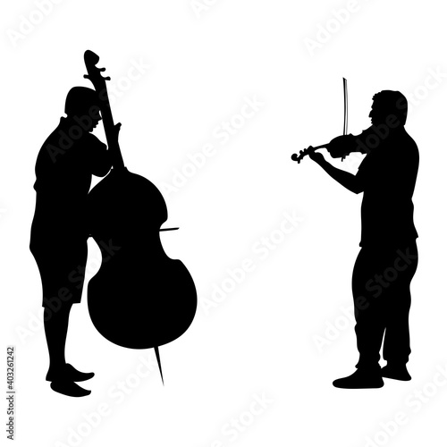 Vector black silhouettes people. Two adult men play musical instruments. The violinist is holding the violin, the guy is playing cello, side view people. Street musicians isolated on white background