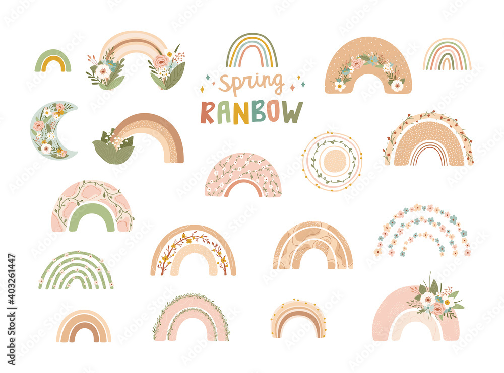 Collection cute rainbows with flowers in pastel colors isolated on white background for kids. Illustration in hand drawn style for posters, prints, cards, fabric, children's books. Vector Collection cute rainbows with flowers in pastel colors isolated on white background for kids. Illustration in hand drawn style for posters, prints, cards, fabric, children's books. Vector